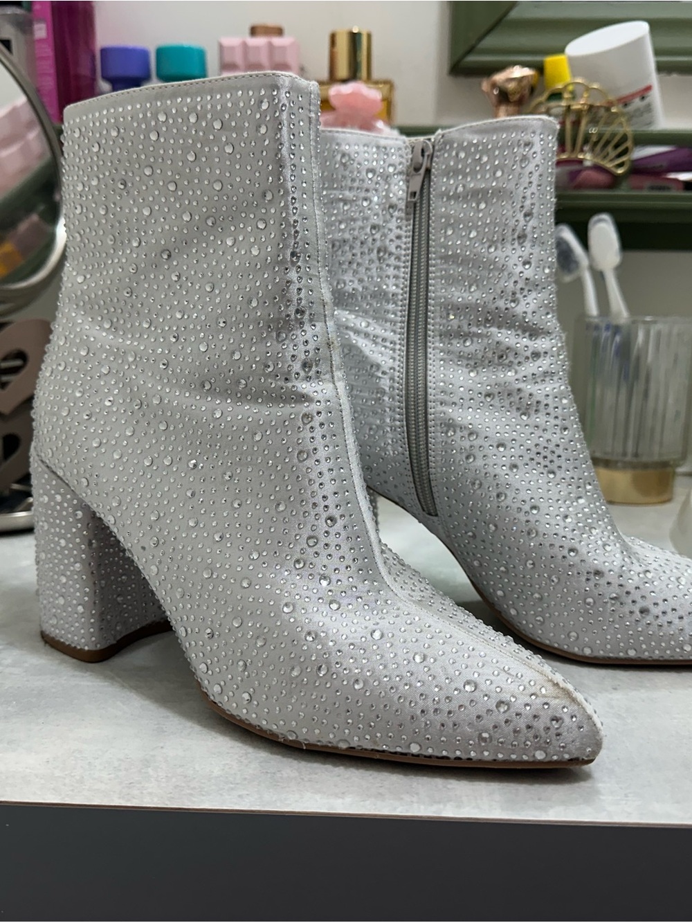 Qupid Silver Crystal-Studded Ankle Boots